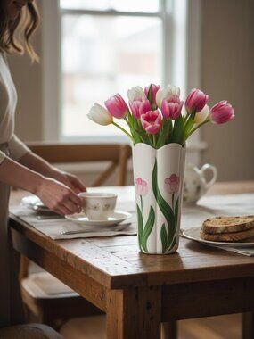 Millard Lister Tall‎ White Vase Pink Flowers Scalloped Top